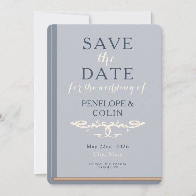 Minimalist Dusty Blue Cream Library Book Save The Date (Front)