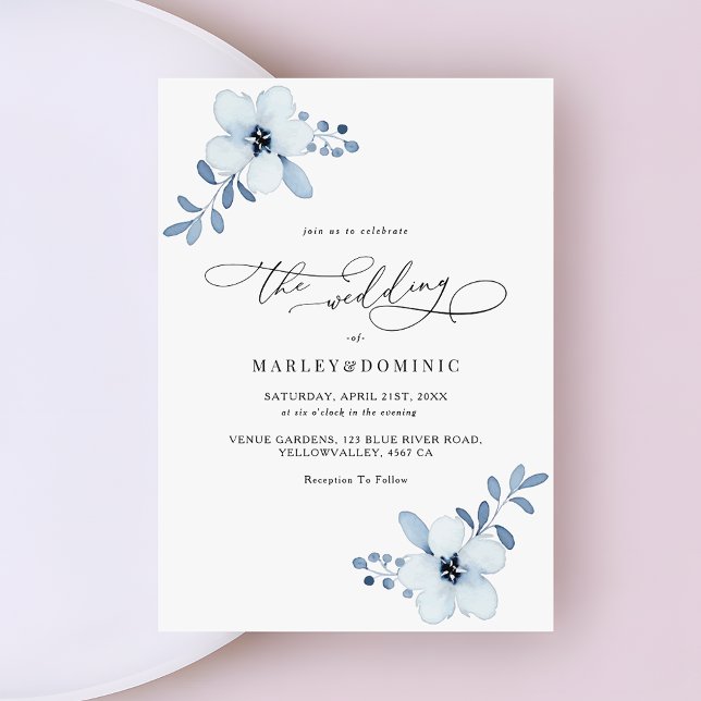 Minimalist Dusty Blue Floral Boho Wedding Invitation (Creator Uploaded)