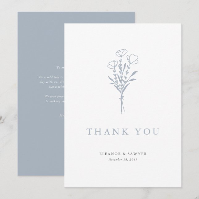 Minimalist Dusty Blue Floral Bouquet Wedding Thank You Card (Front/Back)