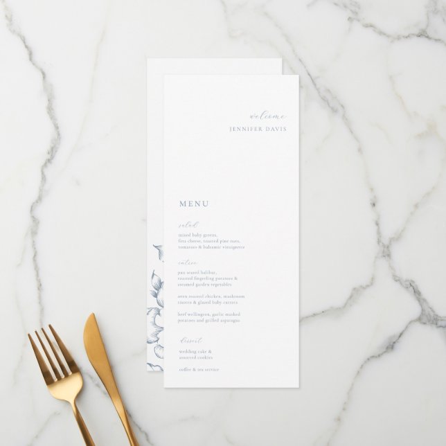 Minimalist Dusty Blue Floral Place Card Menu (Front/Back In Situ)