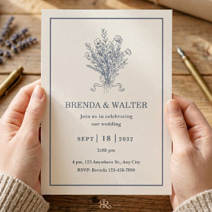 Minimalist Dusty Blue Floral Sketch Wedding  Invitation