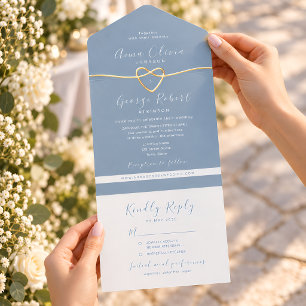 Minimalist Dusty Blue Gold Wedding All In One Invitation