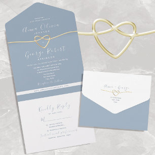 Minimalist Dusty Blue Gold Wedding All In One Invitation