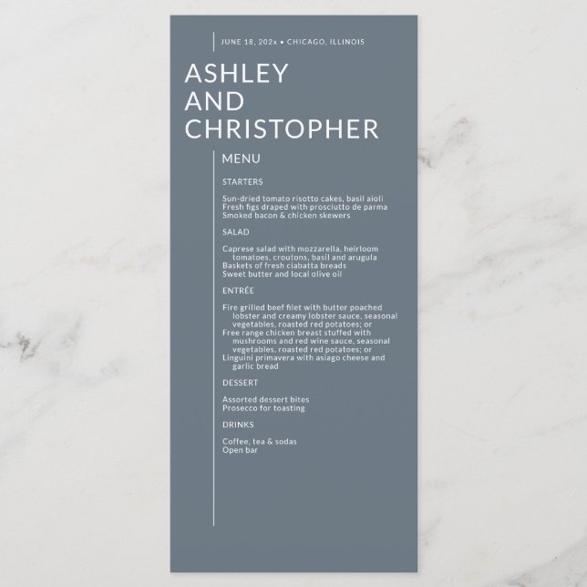 Minimalist Dusty Blue Isolated Names Wedding Menu (Front)