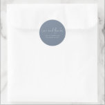 Minimalist Dusty Blue Love Thanks Names Wedding Classic Round Sticker<br><div class="desc">Minimalist Dusty Blue Love and Thanks Names Wedding. Simple modern elegance,  with Love and Thanks is in a set informal handwritten style. Easily personalise your names and wedding date. On a dark Dusty blue background which can be changed to another colour if you prefer via the edit further option.</div>
