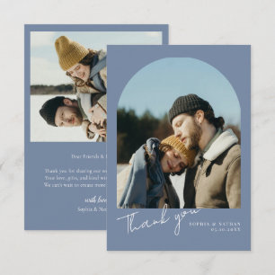 Minimalist Dusty Blue Modern Arch 2 Photo Wedding Thank You Card