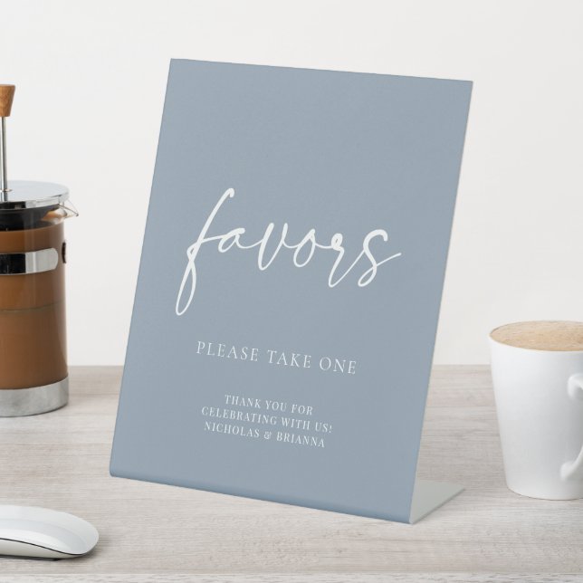 Minimalist Dusty Blue Modern Classic Wedding Favou Pedestal Sign (In SItu)