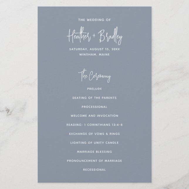 Minimalist Dusty Blue Modern Wedding Program Flyer (Front)