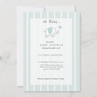 Minimalist Dusty Blue Oh Baby Elephant Sketch  Invitation