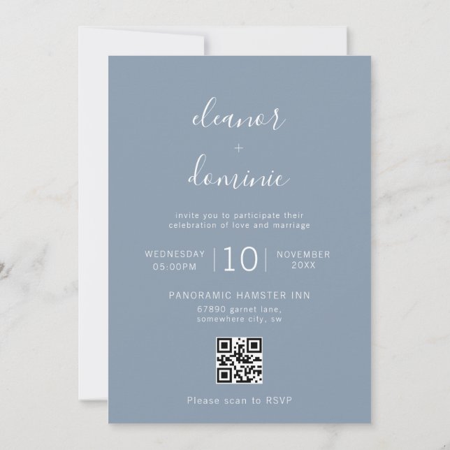 Minimalist Dusty Blue Photo RSVP QR Code Wedding Invitation (Back)