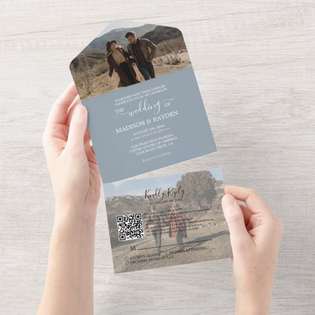 Minimalist Dusty Blue QR Code RSVP Wedding All In One Invitation (Tearaway)