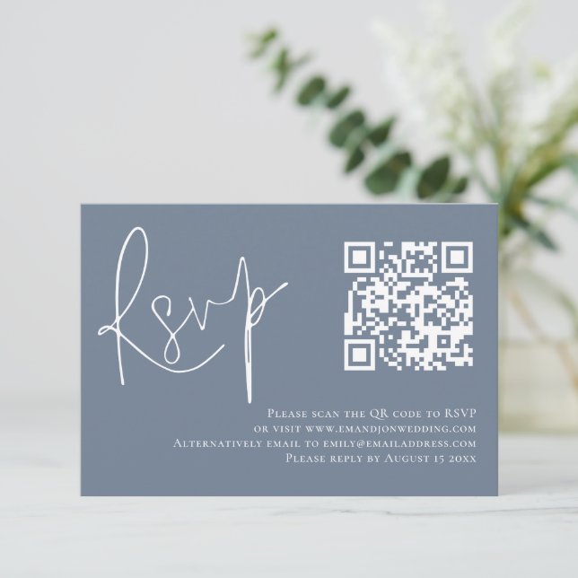 Minimalist Dusty Blue Script QR Code Wedding  RSVP Card (Standing Front)