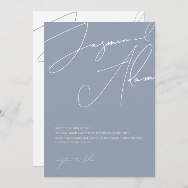 Minimalist Dusty Blue Script Typography Wedding Invitation (Front/Back)