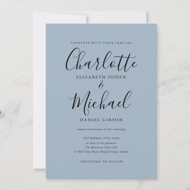 Minimalist Dusty Blue Signature Script Wedding Invitation (Front)