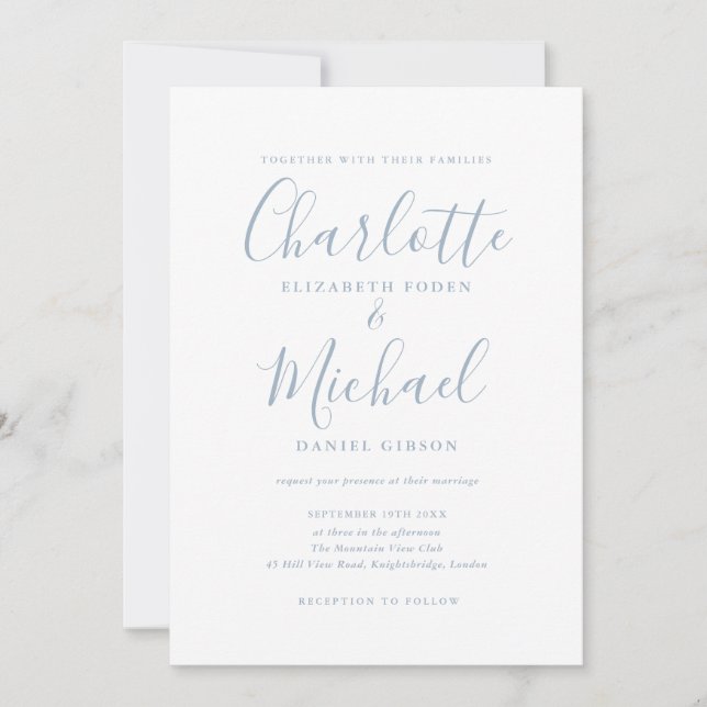 Minimalist Dusty Blue Signature Script Wedding Invitation (Front)