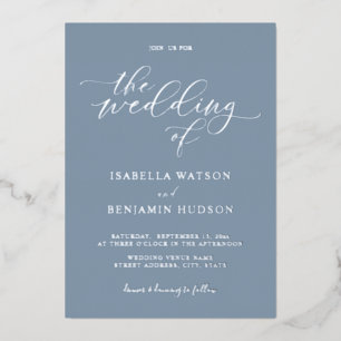 Minimalist Dusty Blue Silver Calligraphy Wedding