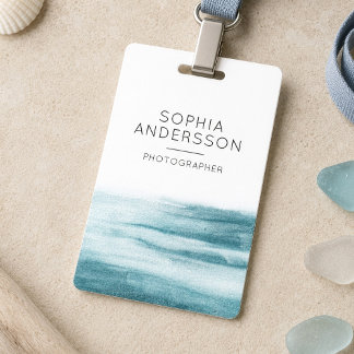 Minimalist Dusty Blue Watercolor Ocean Name ID Badge