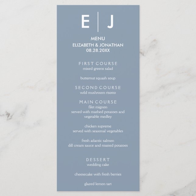 Minimalist Dusty Blue Wedding Menu (Front)