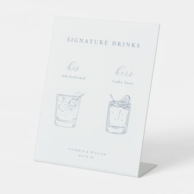 Minimalist Dusty Blue Wedding Signature Drinks Pedestal Sign (Front)