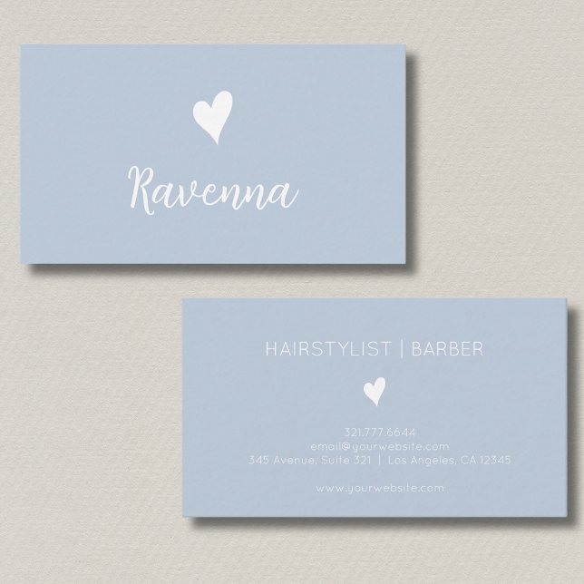 Minimalist Dusty Blue White Heart Barber Name Business Card (Creator Uploaded)