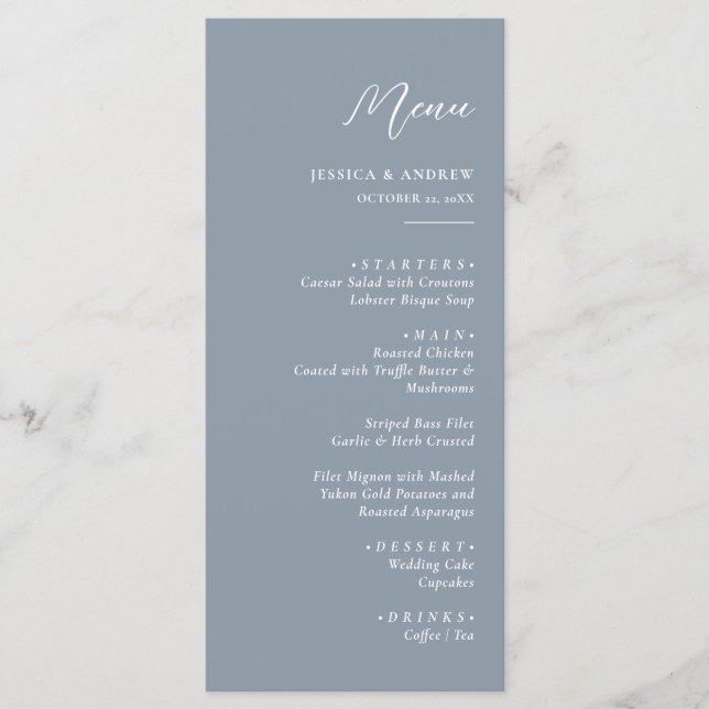 Minimalist dusty blue & White Simple Wedding  Menu (Front)