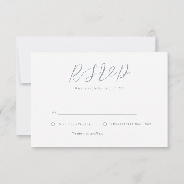 Minimalist dusty blue & White Simple Wedding  RSVP Card (Front)