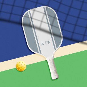 Minimalist Dusty Blue White Stripe Modern Monogram Pickleball Paddle