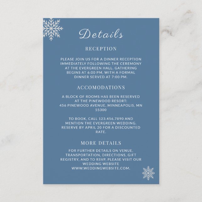 Minimalist Dusty Blue White Winter Wedding Detail Enclosure Card (Front)