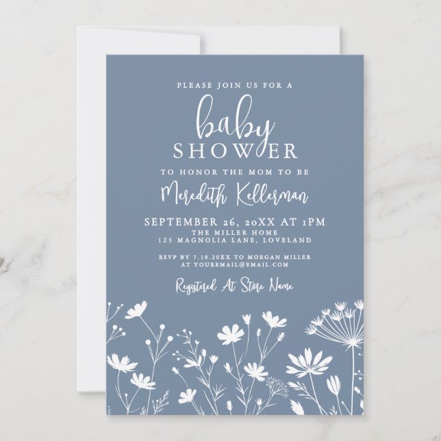 Minimalist Dusty Blue Wildflower Baby Shower Invitation (Front)