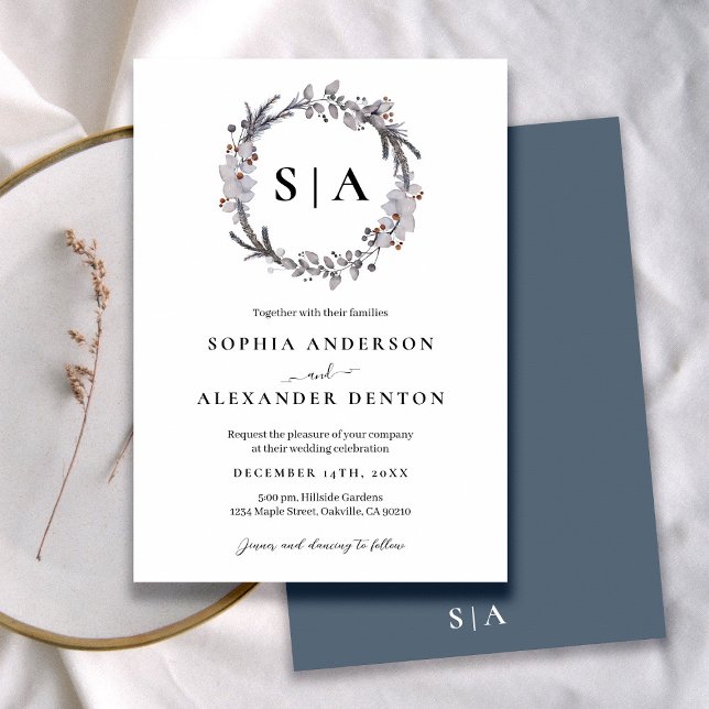 Minimalist Dusty Blue Winter Wreath  Invitation (Creator Uploaded)