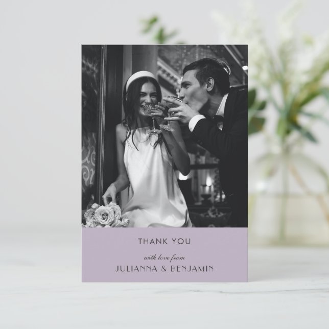 Minimalist Dusty Lilac Art Deco Wedding Photo Thank You Card (Standing Front)