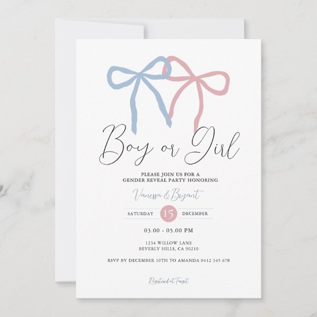 Minimalist Dusty Pink Blue Ribbon Gender Reveal Invitation (Front)