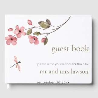 Minimalist Dusty Pink Dragonfly Blossom Guest Book