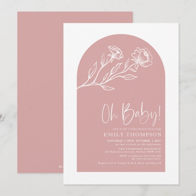 Minimalist Dusty Pink Floral Line Baby Girl Shower Invitation (Front/Back)