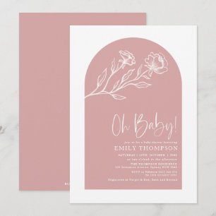 Minimalist Dusty Pink Floral Line Baby Girl Shower Invitation