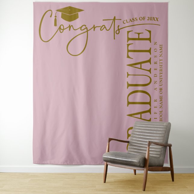 Minimalist Dusty Pink & Gold Congrats Graduate Tapestry (In Situ)