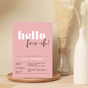 Minimalist dusty pink "hello, four-oh!" 40th bday invitation