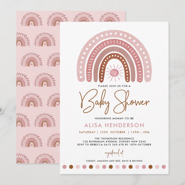 Minimalist Dusty Pink Rainbow Sunshine Baby Shower Invitation (Front/Back)