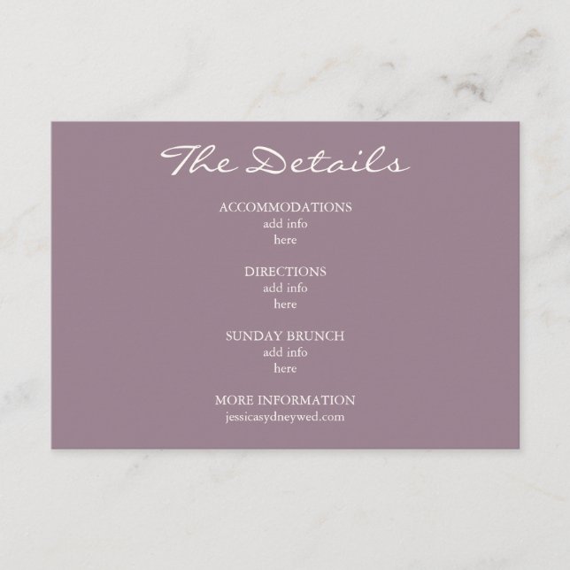 Minimalist Dusty Purple Script Wedding Details Enclosure Card (Front)
