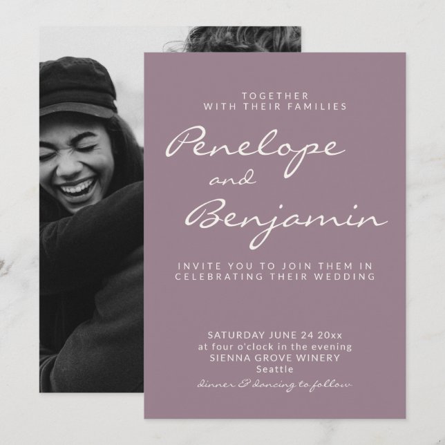 Minimalist Dusty Purple Script Wedding Photo Invitation (Front/Back)