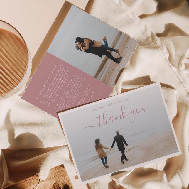 Minimalist Dusty Rose Script with 2 photo wedding Thank You Card (Creator Uploaded)