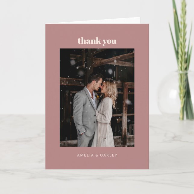 Minimalist Dusty Rose Wedding Photo Folded Thank You Card (Front)