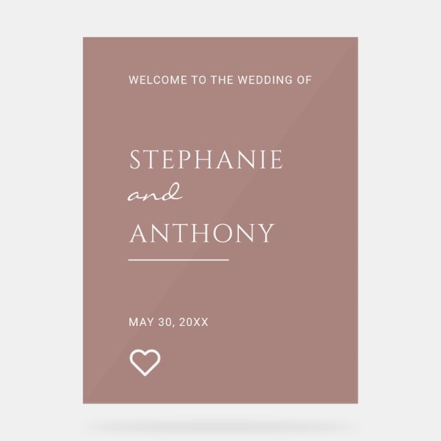 Minimalist Dusty Rose with Heart Modern Wedding  Acrylic Sign (Front)