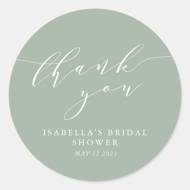Minimalist Dusty Sage Bridal Shower Thank You Classic Round Sticker (Front)