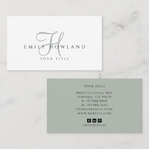Minimalist Dusty Sage Green Script Monogram Name Business Card
