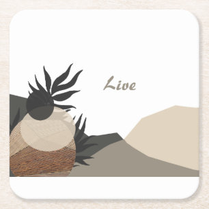 Minimalist Earth Tones Boho "Live" Square Paper Coaster