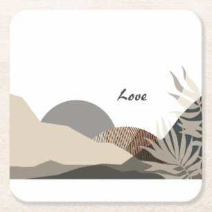 Minimalist Earth Tones Boho "Love" Square Paper Coaster