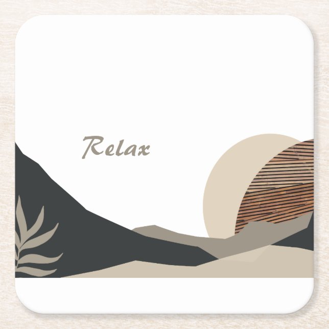 Minimalist Earth Tones Boho "Relax"  Square Paper Coaster (Front)