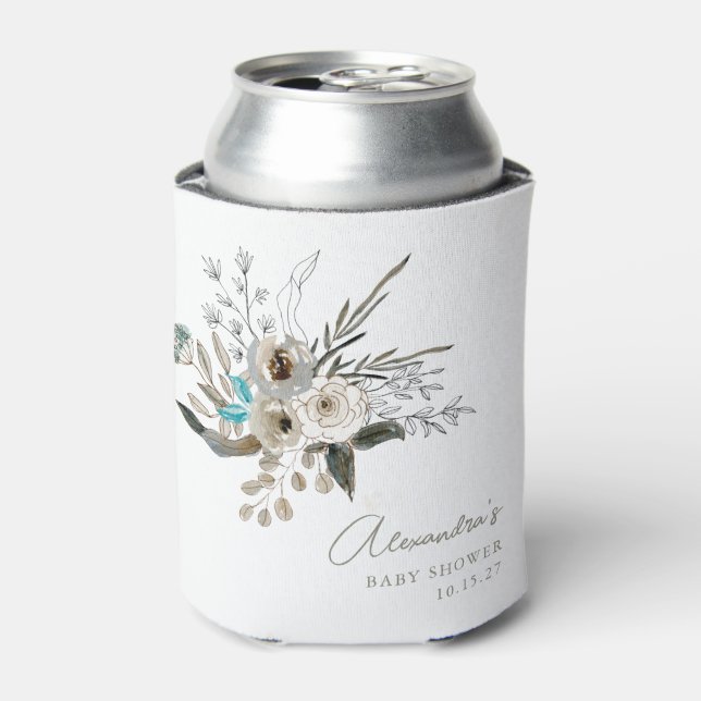 Minimalist Earthy Blue Botanical Baby Shower Can Cooler (Can Front)
