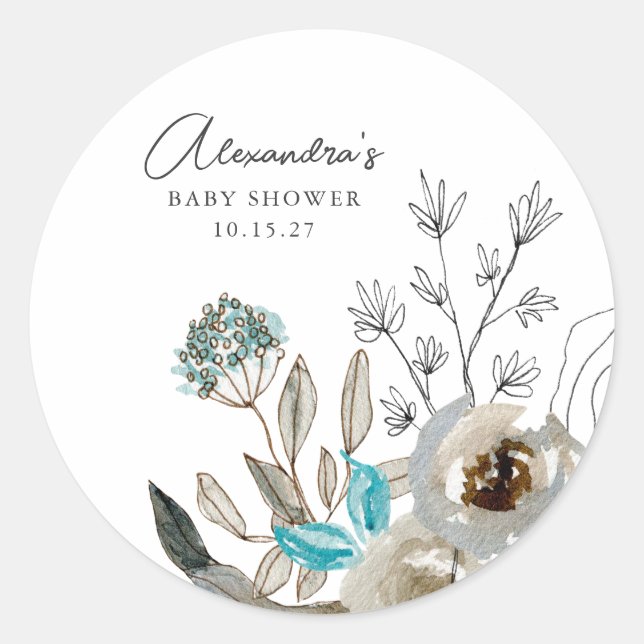 Minimalist Earthy Blue Botanical Baby Shower Classic Round Sticker (Front)